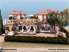 this is an artist's rendering of a large house on the beach with patio furniture