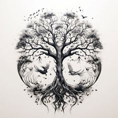 a drawing of a tree with birds flying around it