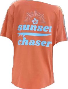 Sporty Summer Tops With Back Print, Sporty Tops With Back Print For Summer, Summer Beach Tops With Back Print, Casual Beach Top With Back Print, Casual Orange Top For Beach Season, Orange Relaxed Fit Top For Beach Season, Relaxed Fit Orange Top For Beach Season, Orange Crew Neck Top For Beach, Orange Crew Neck Top For Vacation