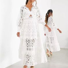 Asos Edition V Neck Eyelet Midi Dress With Puff Sleeve In White. Worn Once.. Such A Stunning Dress. Great For Bridal Shower, Etc. White Bubu Gown, Bubu Gown, Eyelet Midi Dress, Asos Dress, Asos Dresses, Love At First, Tier Skirt, White Style, Stunning Dresses