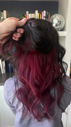 Wine Red Hair Underneath, Maroon Underdye Hair, Dark Hair Red Underneath, Magenta Peekaboo Highlights, Peekaboo Hair Color Burgundy, Wine Red Hair With Money Pieces, Cherry Red Peekaboo Hair, Brown And Maroon Hair, Cherry Red Hair Underneath