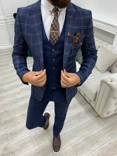 Olympia Navy Blue Slim Fit Peak Lapel Plaid Suit – brabion Mens Suits Pattern, Italian Style Suit, Sky Blue Suit, Blue Slim Fit Suit, Slim Fit Suit Men, Pants Gift, Suit Pattern, Stylish Suit, Navy Blue Suit