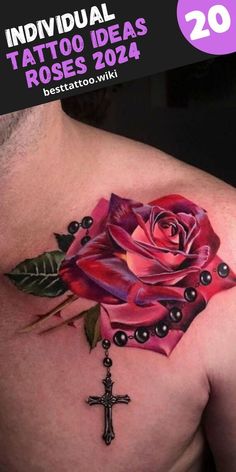 a man with a rose tattoo on his chest and cross attached to the back side