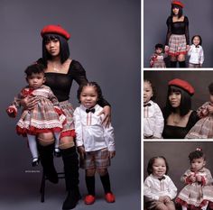 a woman and two children are posing for pictures in matching outfits, with red hats on their heads