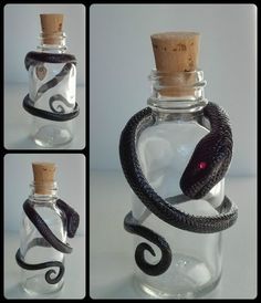 a snake in a glass bottle with corks on the top, and two images of it