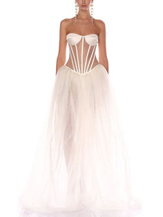 This white corset gown features a sheer tulle skirt and structured bodice for a modern take on bridal style. Sheer Tulle Corset Dress For Wedding, Formal Fitted Tulle Skirt, Sheer Fitted Tulle Corset Dress, Fitted Sheer Tulle Corset Dress, Sheer Corset Dress With Fitted Bodice For Wedding, Fitted Floor-length Tulle Corset Dress, White Sheer Corset Dress For Evening, Floor-length Tulle Corset Dress With Boned Bodice, Fitted Tulle Skirt Gown For Gala