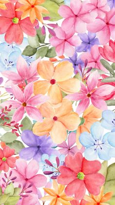 watercolor flowers on a white background with green leaves and pink, blue, yellow, purple