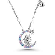 This personalized unicorn moon necklace with birthstone is crafted from sterling silver, imbuing it with a timeless elegance and a touch of magic. The unicorn, a symbol of purity, grace, and wonder, is delicately rendered in the center of a dreamy crescent moon. The crescent moon serves as a stunning backdrop, its gentle curve embracing the unicorn in a tender embrace. At the peak of the moon, a twinkling star is shimming. You can choose different colored stones according to your birthday month. The pendant on the side of the necklace can be customized with any letter. You can get a unique unicorn moon necklace with sterling silver, personalized birthstone and engrave initial service that belongs only to you, which is the best choice for gifts.Carat Weight: 3.458 ctStone Size: 0.8,2,1.6,1. Sterling Silver Moon Shaped Birthstone Necklace, Magical Moon Shaped Sterling Silver Necklace, Moon-shaped Birthstone Necklace For Anniversary, Luxury Silver Moon-shaped Necklace, Magical Moon-shaped Sterling Silver Necklace, Tender Embrace, Engraved Initials, Round Necklace, Birthday Month