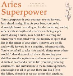 an article about aries super power written in orange and pink on a white background