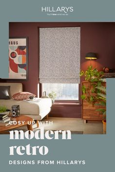 A geometric pattern Roman blind in a modern retro themed living room. The room has burgundy walls with lots of mahogany furniture and indoor plants. Modern Retro Interior, Modern Retro Living Room, Blue Roman Blinds, Luxury Blinds, Retro Living Room, Cosy Autumn, Retro Living Rooms, Made To Measure Blinds, Retro Interior