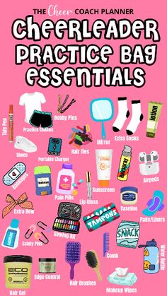 a pink poster with the words cheerleadering tryouts bag essentials