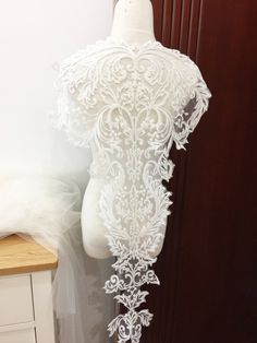 Vintage style French cotton alencon lace applique in graceful ivory color, size is about 53 at widest point and 88 cm at length , price for more pices already applied certain discount . This gorgeous applique can be used for wedding gown /bridal dress back piece, bridal veil decor, bridal gown hem train , wedding dress decor ... my shop link: http://www.etsy.com/shop/lacetime Thank for shopping and have a nice day forever ! ------------------------------------------------------ ----------------- Fitted White Lace For Wedding Night, White Fitted Lace Wedding Dress, White Lace Gown For Wedding Night, White Lace Trim Wedding Dress For Ceremony, White Wedding Dress With Lace Trim For Ceremony, White Scalloped Lace Gown, White Scalloped Lace Bride Gown, White Scalloped Lace Bridal Gown, Cream Lace With Appliques For Wedding