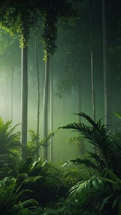 a forest filled with lots of tall trees and lush green leaves on top of it