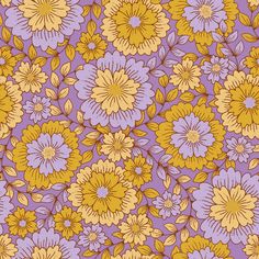 a purple and yellow floral pattern with many flowers