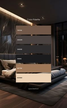 the color palettes for this bedroom are brown, beige and black