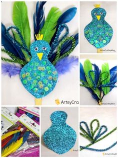 several different pictures of peacocks made out of paper mache and glittery paint