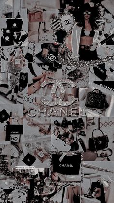 a collage of chanel pictures and other items in black and white with the word chanel on it