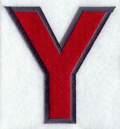 the letter y is made up of red and gray fabric with black stitching on it