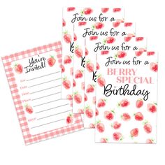 four strawberry themed birthday cards with the words, join us for a party and have strawberries on them