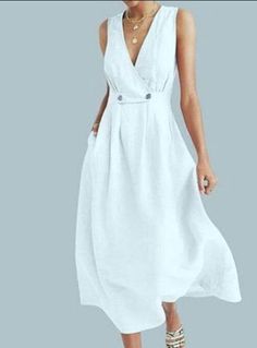 DRESS_kiko, L, bust 100cm, 40inch, white linen, midi length 110cm from shoulder to neck, fitted, wide thigh, sleeveless, elegant, V-neck Superior quality execution, HANDMADE You can request by message or e-mail ecaterina.alecu@yahoo.com, ANY size xs__xxxl and color Please refer to the exposed measurement table for a correct choice of measurement ALSO, you can send a picture or sketch of any other product you want me to work on/dresses, skirts, blouses, pants, jackets... kiko by Atelierweb https: Long Dress White, Cotton Maxi Dress, Sleeveless Long Dress, Dresses 2020, Cotton Maxi, Maxi Dress Cotton, Women Long Dresses, Button Dress, Linen Dress