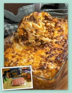 a casserole dish with meat and noodles in it on a table next to a photo