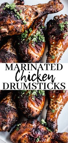 marinated chicken drumsticks on a white plate with the words marinated chicken drumsticks