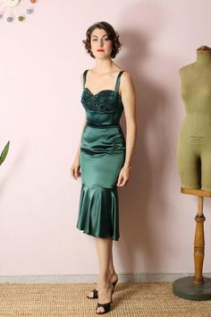 RTW dark green satin dress sweetheart straps mermaid dress | Etsy Fitted Green Mermaid Dress For Evening, Fitted Tea-length Dress For Prom Season, Fitted Tea Length Dress With Corset Back, Green Fitted Evening Dress With Mermaid Hem, Fitted Green Evening Dress With Mermaid Hem, Green Fitted Mermaid Hem Evening Dress, Fitted Green Mermaid Hem Evening Dress, 1950s Style Dress With Sweetheart Neckline, 1950s Style Dress With Sweetheart Neckline And Fitted Bodice