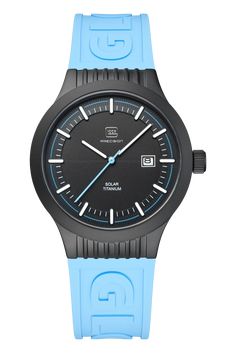 GW-6-1-22 The black titanium case unites comfort and strength. The blue second hand stands out prominently against the black dial, which also serves as the perfect backdrop for the hands and indices to glow brilliantly thanks to Swiss Super-LumiNova®. The color-coordinated, blue silicone strap with GLOCK lettering ensures a secure and comfortable fit. Powered by a solar movement and with water resistance to 20 ATM, this watch offers a blend of functionality and style that meets GLOCK Watches' discerning standards. Blue Watch With Rectangular Dial And Analog Display, Blue Watch With Analog Display And Rectangular Dial, Blue Rectangular Analog Watch, Outdoor Blue Watch With Metal Dial, Modern Blue Watches With Analog Display, Matte Black Watch With 10atm Water Resistance, Timeless Blue Watch For Outdoor Use, Timeless Blue Watch For Outdoor, Timeless Blue Outdoor Watch