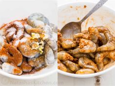 two white bowls filled with food next to each other