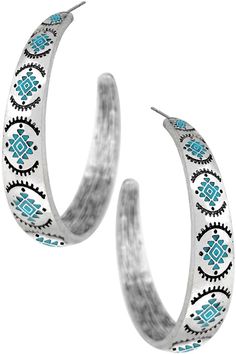 Channel the spirit of the Wild West with our Turquoise Aztec Textured Hoop Earrings! These open hoop earrings feature a distinctive Aztec-inspired textured metalwork, creating a modern take on a classic bohemian aesthetic. The eye-catching turquoise adds a pop of color and unique touch to any outfit. Aztec Earrings, Bohemian Aesthetic, Open Hoop Earrings, The Wild West, Wild West, Silver Hoop Earrings, The Spirit, The Wild, Western Fashion