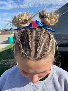 4 Mini Dutch Braids into Space Buns Four Dutch Braids Into Ponytail, Four Cornrow Braids Into Bun, Cool Basketball Hairstyles, Four Braids Into Ponytail, Crazy Sports Hairstyles, 4 Dutch Braids Into Ponytail, Four Braids Into A Bun, Gymnastics Buns For Long Hair, Fun Game Day Hairstyles