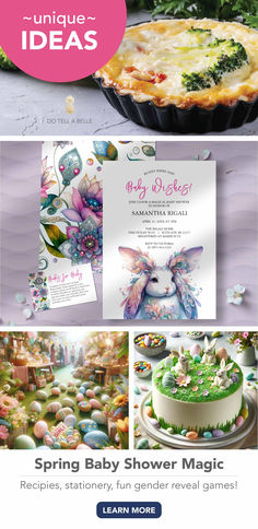 Baby shower ideas for spring feature a magical bunny theme. Perfect for Easter celebrations. Bunny Baby Shower Ideas, Whimsical Invitations, Spring Baby Shower Ideas, Shower Magic, Magical Decorations, Easter Brunch Recipes, Appetizer Table, Bunny Theme, Easter Baby Shower