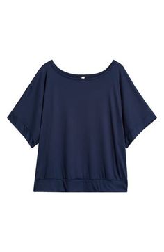 Wide sleeves and a banded hem add to the easy relaxed fit of this T-shirt cut from a fine drapey knit that gives your casual look a bit of pulled-together polish. Scoop neck Short sleeves 95% rayon, 5% spandex Machine wash, tumble dry Imported Relaxed Scoop Neck Summer Tops, Casual Stretch Short Sleeve Top For Loungewear, Versatile Summer T-shirt With Relaxed Fit, Relaxed Fit Versatile T-shirt For Summer, Versatile Scoop Neck Loungewear Tops, Relaxed Fit Tops For Layering, Solid Relaxed Fit Tops With Scoop Neck, Relaxed Summer T-shirt For Layering, Versatile Scoop Neck Top For Loungewear