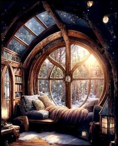 an image of a bedroom in the middle of winter with snow falling on the ground