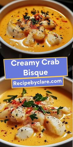 two bowls of creamy crab bisque with garnish