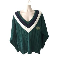 United States Equestrian Team Dark Green Cable Knit V Neck Sweater Pullover XL Features: * Ramie Cotton Blend * V-Neck * Long Sleeve * Contrasting Neckline Trim * Ribbed Knit * Pullover Style Condition: Pre-owned in excellent condition. Large, oversized preppy look. Cotton blend. Team Dark, Knit V Neck Sweater, Knit V Neck, Preppy Look, Sweater Pullover, Knit Pullover, V Neck Sweater, Knitted Pullover, Vneck Sweater