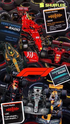 many different types of race cars are stacked together