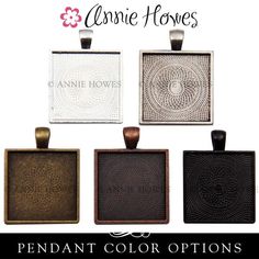 four square pendants are shown with the name annie flowers on them, and one has an