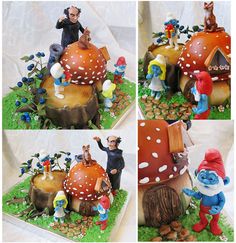 there are four different pictures of the same gnome's house on this sheet cake