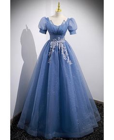 Get 10% off now! Buy modest long bling blue tulle prom dress with short sleeves at cheap price online. Free stable shipping and pro custom service since 2009. Mushroom Town, Blue Tulle Prom Dress, Long Formal Dress, Marine Uniform, Tulle Sleeves, Floor Length Prom Dresses, Evening Dresses With Sleeves, Blue Tulle, فستان سهرة