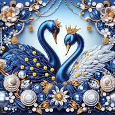 a painting of two blue swans surrounded by pearls and other jewels on a blue background