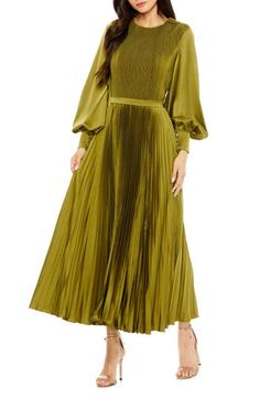 A verdant vision defines an olive-green midi that's swirled in pleats and ready for the dance floor. 48 1/2" length Hidden back-zip closure Jewel neck Long sleeves with four-button cuffs Lined 100% polyester Spot clean Imported Asian & Pacific Islander Owned/Founded Green Formal Dresses Long Sleeve, Olive Green Long Sleeve Dress, 2024 Fall Wedding Guest Dresses, Green Winter Bridesmaid Dresses, Modest Green Dress, Jewel Tone Dresses, Moh Dress, Tea Length Formal Dresses, Autumn Coats