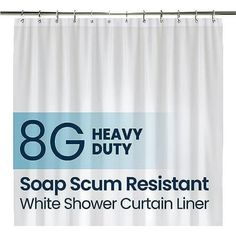 a white shower curtain with the 8g heavy duty logo on it and text that reads,'soap scum resistant white shower curtain liner liner liner liner liner liner liner liner liner