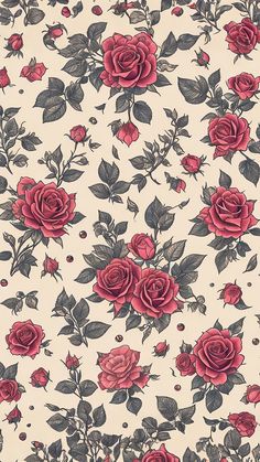 red roses and leaves are on a white background with black trim around the edges, as well as pink flowers