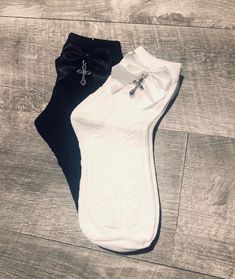 Goth Crucifix Bow Heart Socks Black White Includes 2 pairs of socks- 1 black and one white Detachable satin bow with charm (charm can be swapped for pentagram) Perfect gift for #goth #horror #emo #cosplay #anime Goth Wishlist, Emo Cosplay, Misa Amane Socks, Black Bow Socks, Black Fitted Harajuku Socks, Goth Coquette, Hosiery Dress, Gothic Socks, Vtuber Design