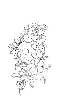 a black and white drawing of a skull with flowers