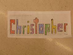 a cross stitched sticker with the word christapher written in multicolored letters