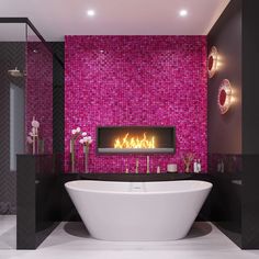 a bathroom with a fireplace in the center and pink tiles on the wall behind it