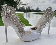 This listing is for one pair of bridal rhinestone appliqués. They attach to any shoe with shoe clips made especially for shoes.  They measure approximately 8 x 3 inches. Fancy Wedding Shoes, Gatsby Shoes, Art Deco Shoes, Shoe Clips Wedding, Rhinestone Wedding Shoes, Shoe Ornaments, Bridal Shoe, Perfect Wedding Shoes, Bridal Wedding Shoes