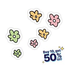 stickers with flowers and stars are on the white background for 50 % off sale